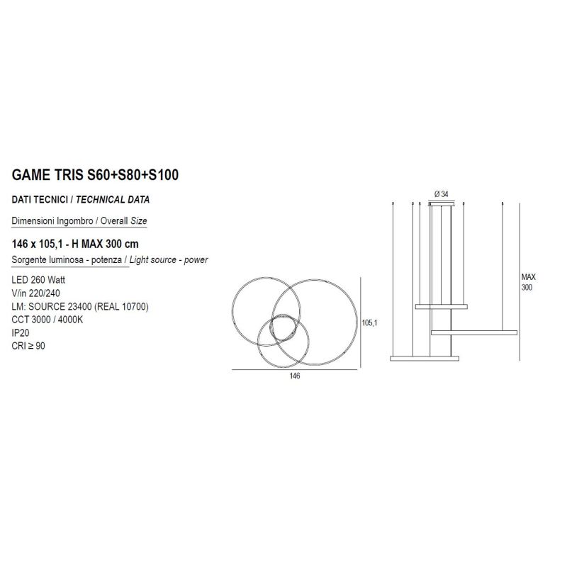 GAME TRIS SOSPENSIONE A 3 ANELLI LED 260W BIEMISSIONE CCT 3000K-4000K IN 16 COLORI DIAMETRO 146 CM