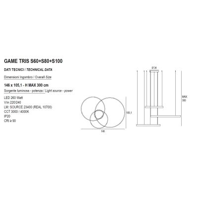 GAME TRIS SOSPENSIONE A 3 ANELLI LED 260W BIEMISSIONE CCT 3000K-4000K IN 16 COLORI DIAMETRO 146 CM