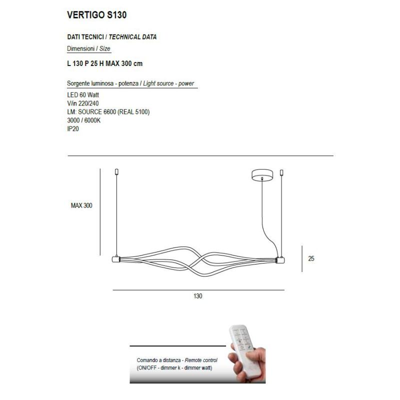 VERTIGO SOSPENSIONE ORIGINALE BIANCA O NERA LED 60W DIMMERABILE LUNGHEZZA CM 130 MODERNA