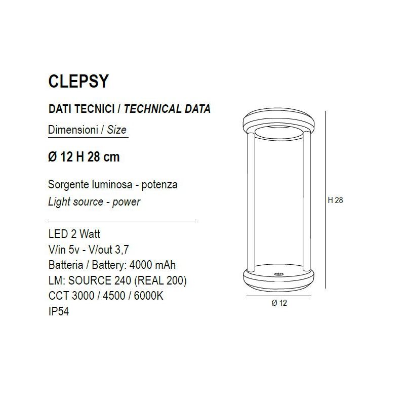 CLEPSY LAMPADA DA TAVOLO CON BATTERIA RICARICABILE IP54 TOUCH DIMMER LED 2W DIMMERABILE 5 COLORI