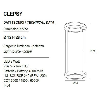 CLEPSY LAMPADA DA TAVOLO CON BATTERIA RICARICABILE IP54 TOUCH DIMMER LED 2W DIMMERABILE 5 COLORI