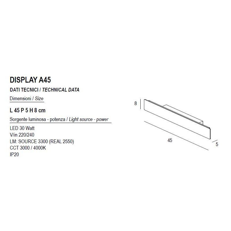 DISPLAY APPLIQUE LED 30W LUCE CCT 3000K-4000K IN METALLO 20 COLORI LUNGHEZZA 45 CM MODERNA