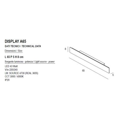DISPLAY APPLIQUE LED 43W LUCE CCT 3000K-4000K IN METALLO 20 COLORI LUNGHEZZA 65 CM MODERNA