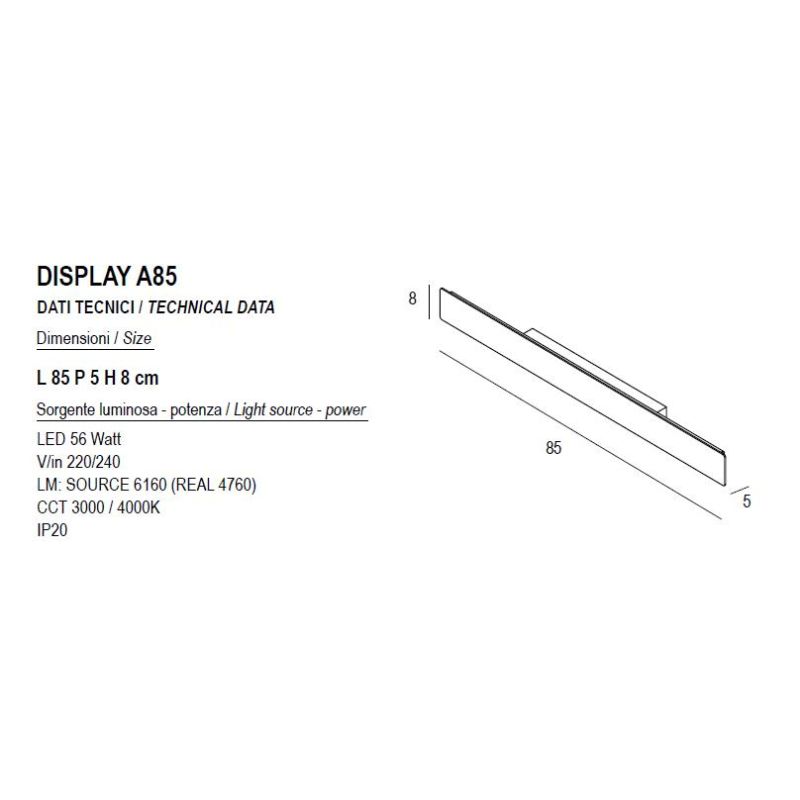 DISPLAY APPLIQUE LED 56W LUCE CCT 3000K-4000K IN METALLO 20 COLORI LUNGHEZZA 85 CM MODERNA