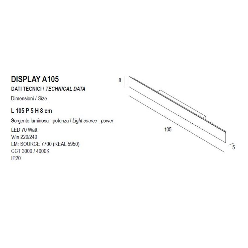 DISPLAY APPLIQUE LED 70W LUCE CCT 3000K-4000K IN METALLO 20 COLORI LUNGHEZZA 105 CM MODERNA