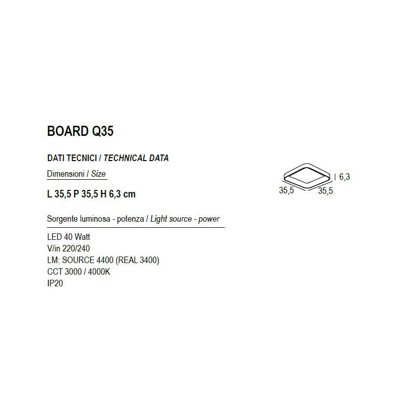 BOARD PLAFONIERA CM 35X35 LED 40W LUCE CCT 3000K-4000K IN METALLO 21 COLORI QUADRATA MODERNA