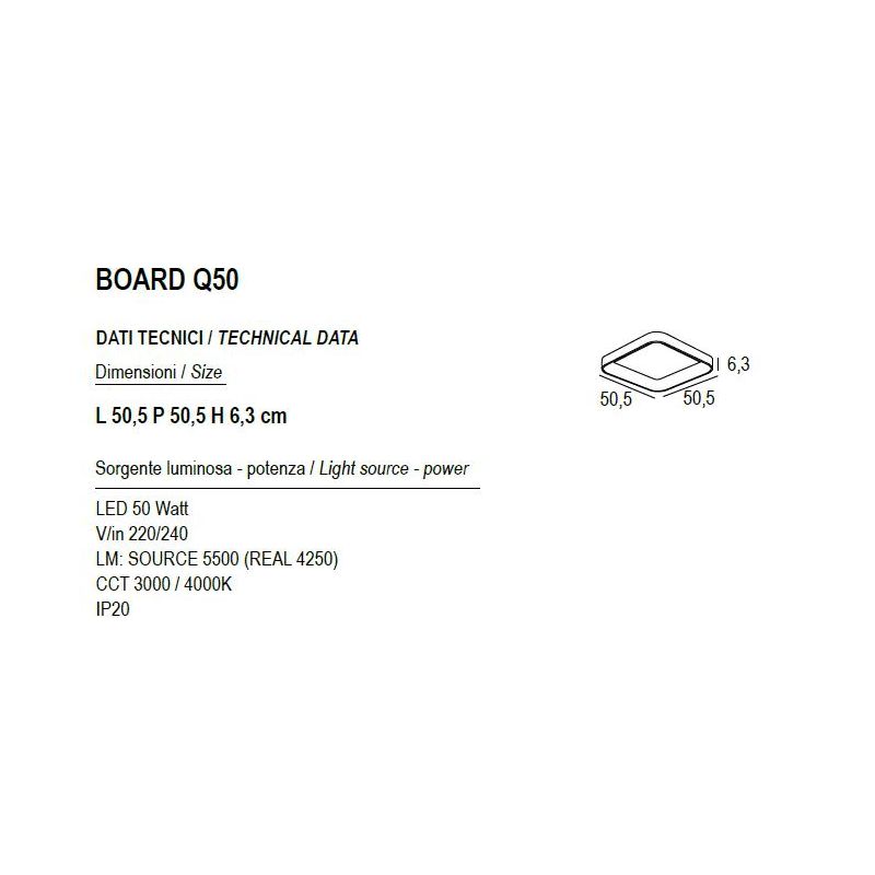 BOARD PLAFONIERA CM 50X50 LED 50W LUCE CCT 3000K-4000K IN METALLO 21 COLORI QUADRATA MODERNA
