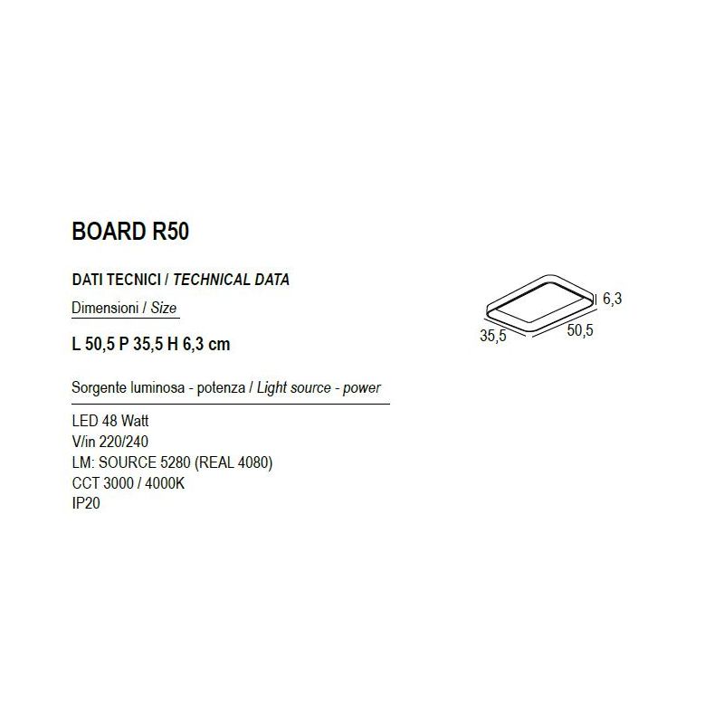 BOARD PLAFONIERA RETTANGOLARE LED 48W LUCE CCT 3000K-4000K IN METALLO 21 COLORI CM 50X35 MODERNA