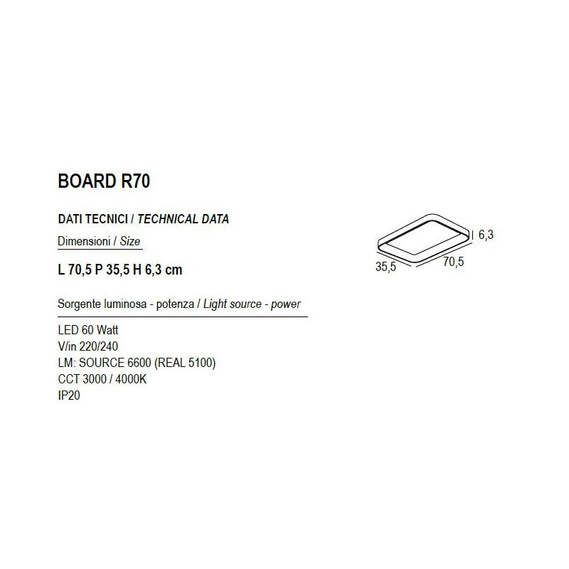 BOARD PLAFONIERA RETTANGOLARE LED 60W LUCE CCT 3000K-4000K IN METALLO 21 COLORI CM 70X35 MODERNA