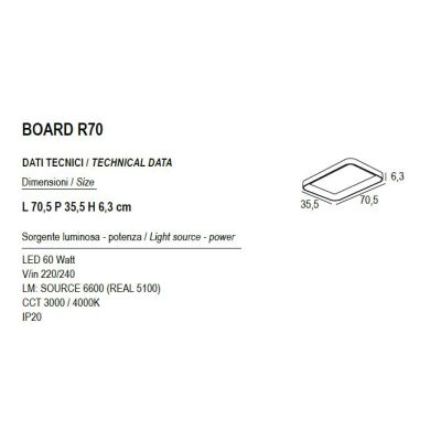 BOARD PLAFONIERA RETTANGOLARE LED 60W LUCE CCT 3000K-4000K IN METALLO 21 COLORI CM 70X35 MODERNA