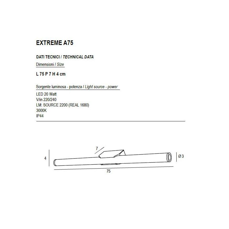 EXTREME LAMPADA DA SPECCHIO FINITURA CROMO O BIANCO IP44 LED 20W LUCE 3000K LUNGHEZZA 75 CM