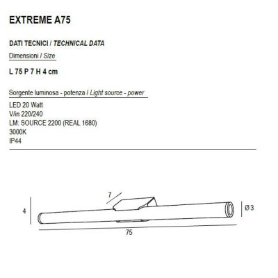 EXTREME LAMPADA DA SPECCHIO FINITURA CROMO O BIANCO IP44 LED 20W LUCE 3000K LUNGHEZZA 75 CM