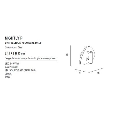 NIGHTLY APPLIQUE MODERNA CON LUCE ORIENTABILE LED 9W LUCE 3000K DOPPIA ILLUMINAZIONE IN METALLO 16 COLORI