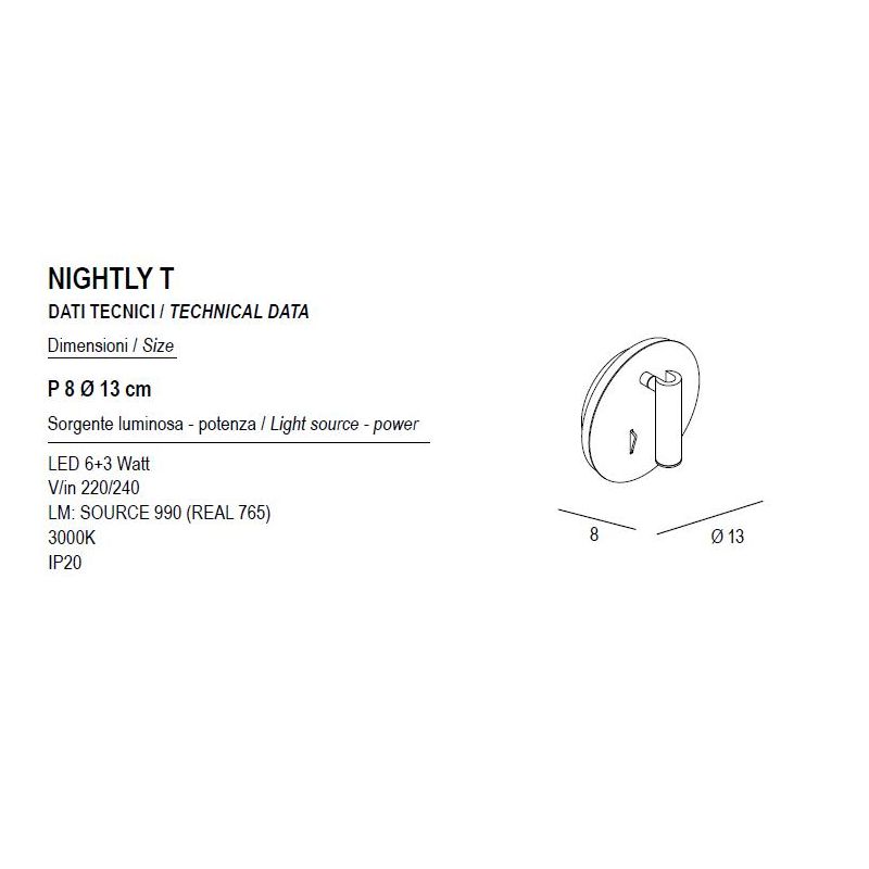 NIGHTLY APPLIQUE ROTONDA CON LUCE ORIENTABILE LED 9W LUCE 3000K DOPPIA ILLUMINAZIONE IN METALLO 16 COLORI