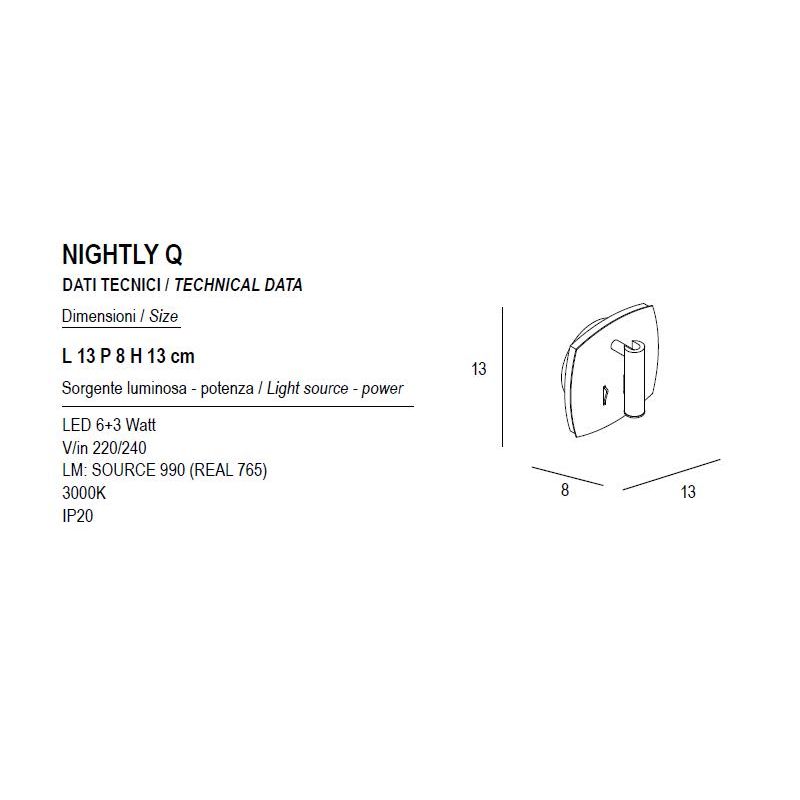 NIGHTLY APPLIQUE QUADRATA CON LUCE ORIENTABILE LED 9W LUCE 3000K DOPPIA ILLUMINAZIONE IN METALLO 16 COLORI