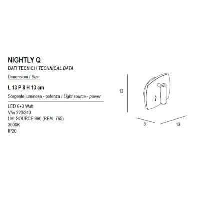 NIGHTLY APPLIQUE QUADRATA CON LUCE ORIENTABILE LED 9W LUCE 3000K DOPPIA ILLUMINAZIONE IN METALLO 16 COLORI