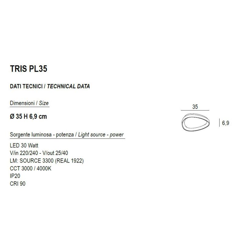 TRIS PLAFONIERA OVALE L35 CM CON LED INTEGRATO 30W LUCE CCT 3000K-4000K IN METALLO 21 FINITURE COLORE