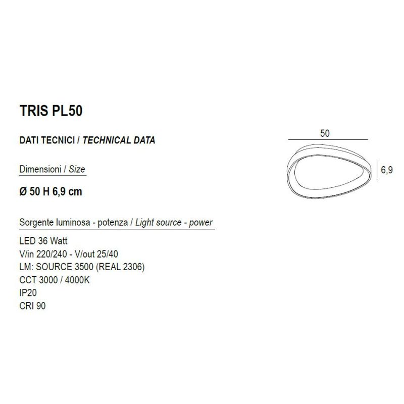 TRIS PLAFONIERA OVALE L50 CM CON LED INTEGRATO 36W LUCE CCT 3000K-4000K IN METALLO 21 FINITURE COLORE