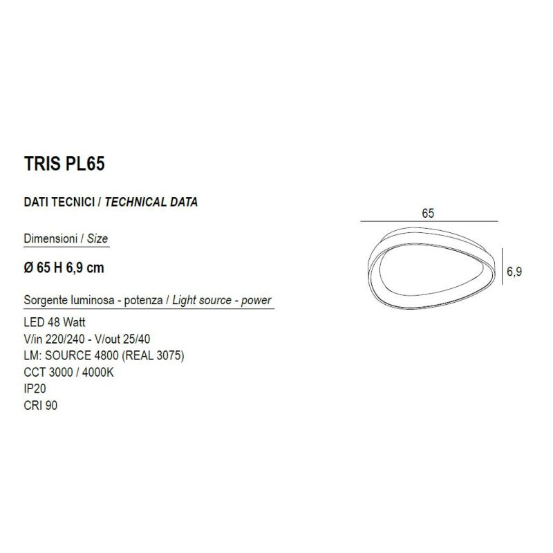 TRIS PLAFONIERA OVALE L65 CM CON LED INTEGRATO 48W LUCE CCT 3000K-4000K IN METALLO 21 FINITURE COLORE