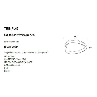 TRIS PLAFONIERA OVALE L65 CM CON LED INTEGRATO 48W LUCE CCT 3000K-4000K IN METALLO 21 FINITURE COLORE