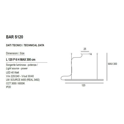 BAR SOSPENSIONE LINEARE BIANCA O NERA LED 40W DIMMERABILE LUNGHEZZA CM 120 DESIGN MODERNO