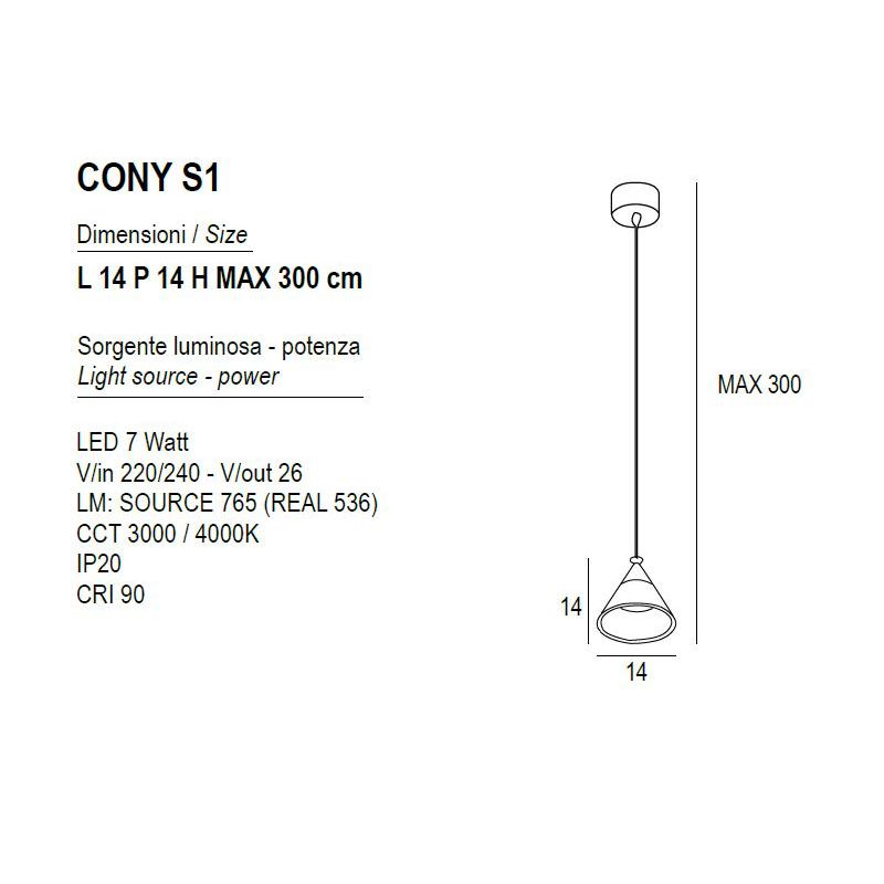 CONY SOSPENSIONE SINGOLA D14 CM LED 7W CCT 3000K-4000K IN METALLO 3 COLORI CON DIFFUSORE TRASPARENTE