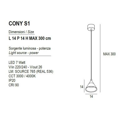 CONY SOSPENSIONE SINGOLA D14 CM LED 7W CCT 3000K-4000K IN METALLO 3 COLORI CON DIFFUSORE TRASPARENTE