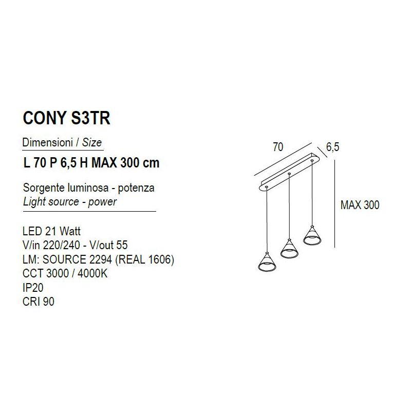 CONY SOSPENSIONE 3 LUCI RETTANGOLARE LED 21W CCT 3000K-4000K IN METALLO 3 COLORI CON DIFFUSORI TRASPARENTI