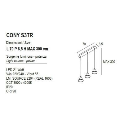 CONY SOSPENSIONE 3 LUCI RETTANGOLARE LED 21W CCT 3000K-4000K IN METALLO 3 COLORI CON DIFFUSORI TRASPARENTI