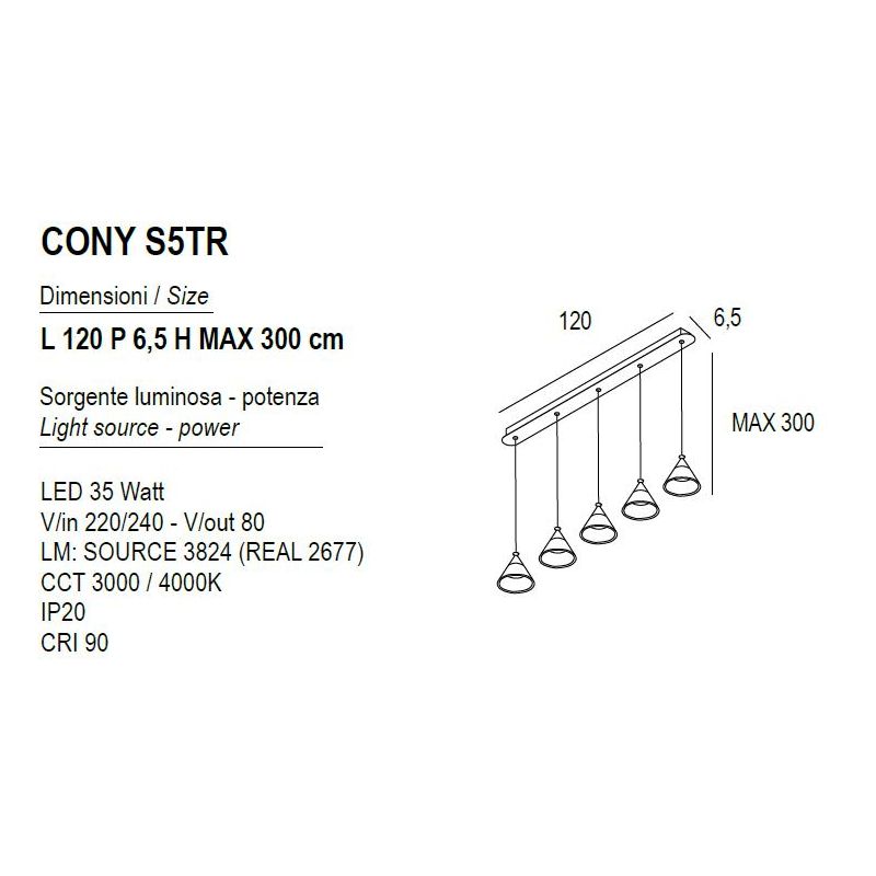 CONY SOSPENSIONE 5 LUCI RETTANGOLARE LED 35W CCT 3000K-4000K IN METALLO 3 COLORI CON DIFFUSORI TRASPARENTI