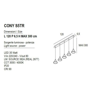 CONY SOSPENSIONE 5 LUCI RETTANGOLARE LED 35W CCT 3000K-4000K IN METALLO 3 COLORI CON DIFFUSORI TRASPARENTI