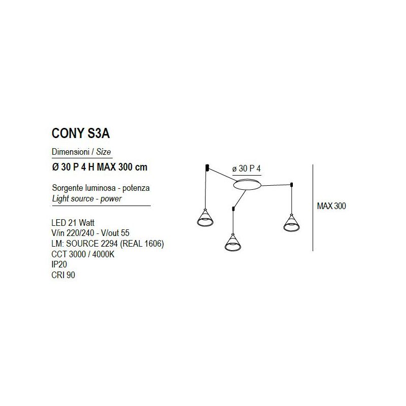 CONY SOSPENSIONE 3 LUCI DECENTRATA LED 21W CCT 3000K-4000K IN METALLO 22 COLORI CON DIFFUSORI TRASPARENTI