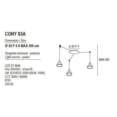 CONY SOSPENSIONE 3 LUCI DECENTRATA LED 21W CCT 3000K-4000K IN METALLO 22 COLORI CON DIFFUSORI TRASPARENTI