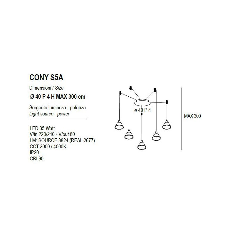 CONY SOSPENSIONE 5 LUCI DECENTRATA LED 35W CCT 3000K-4000K IN METALLO 22 COLORI CON DIFFUSORI TRASPARENTI