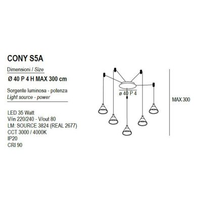 CONY SOSPENSIONE 5 LUCI DECENTRATA LED 35W CCT 3000K-4000K IN METALLO 22 COLORI CON DIFFUSORI TRASPARENTI