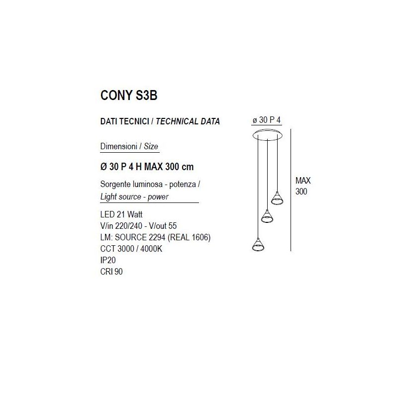 CONY SOSPENSIONE 3 LUCI ROTONDA LED 21W CCT 3000K-4000K IN METALLO 22 COLORI CON DIFFUSORI TRASPARENTI