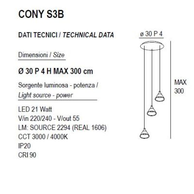 CONY SOSPENSIONE 3 LUCI ROTONDA LED 21W CCT 3000K-4000K IN METALLO 22 COLORI CON DIFFUSORI TRASPARENTI