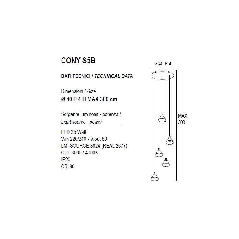 CONY SOSPENSIONE 5 LUCI ROTONDA LED 35W CCT 3000K-4000K IN METALLO 22 COLORI CON DIFFUSORI TRASPARENTI