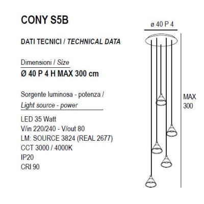 CONY SOSPENSIONE 5 LUCI ROTONDA LED 35W CCT 3000K-4000K IN METALLO 22 COLORI CON DIFFUSORI TRASPARENTI