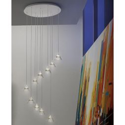 CONY SOSPENSIONE 10 LUCI ROTONDA LED 70W CCT 3000K-4000K IN METALLO 3 COLORI CON DIFFUSORI TRASPARENTI