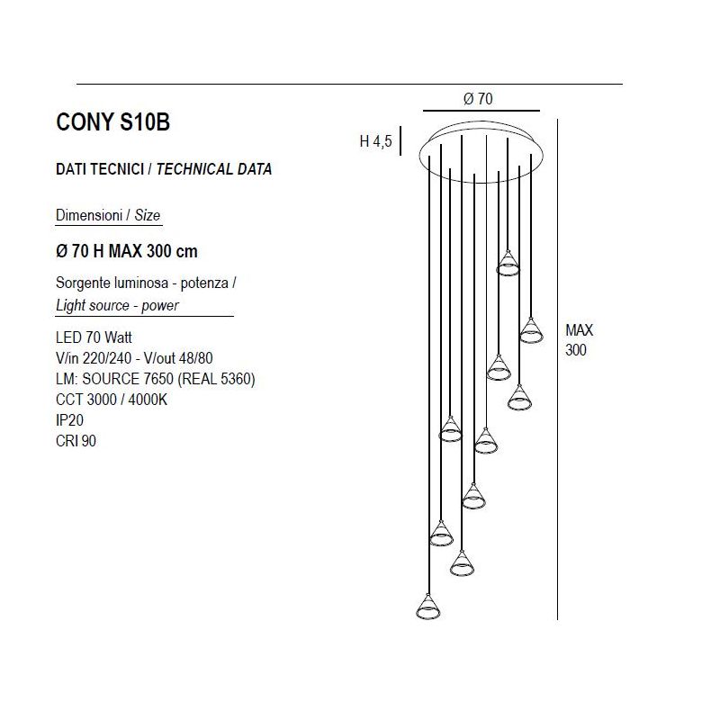 CONY SOSPENSIONE 10 LUCI ROTONDA LED 70W CCT 3000K-4000K IN METALLO 22 COLORI CON DIFFUSORI TRASPARENTI