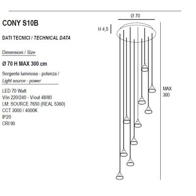 CONY SOSPENSIONE 10 LUCI ROTONDA LED 70W CCT 3000K-4000K IN METALLO 22 COLORI CON DIFFUSORI TRASPARENTI