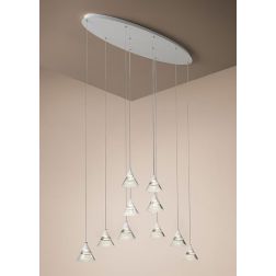 CONY SOSPENSIONE OVALE 10 LUCI LED 70W CCT 3000K-4000K IN METALLO 3 COLORI CON DIFFUSORI TRASPARENTI