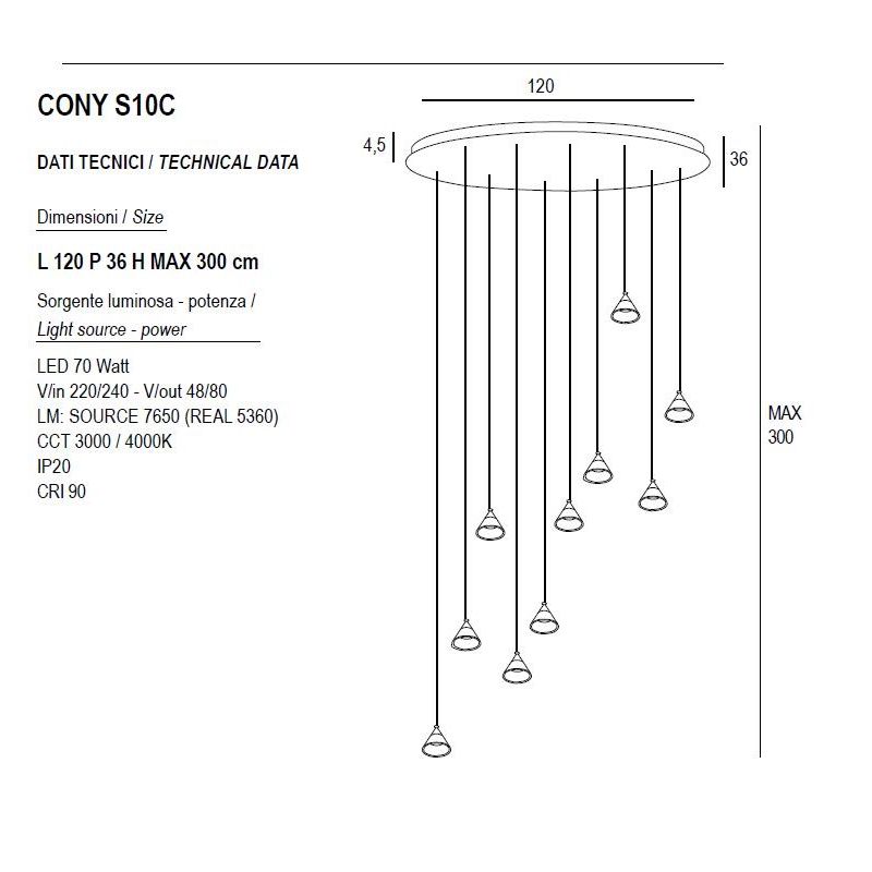 CONY SOSPENSIONE OVALE 10 LUCI LED 70W CCT 3000K-4000K IN METALLO 3 COLORI CON DIFFUSORI TRASPARENTI