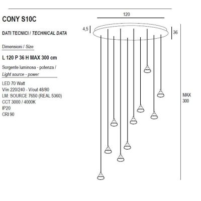 CONY SOSPENSIONE OVALE 10 LUCI LED 70W CCT 3000K-4000K IN METALLO 3 COLORI CON DIFFUSORI TRASPARENTI
