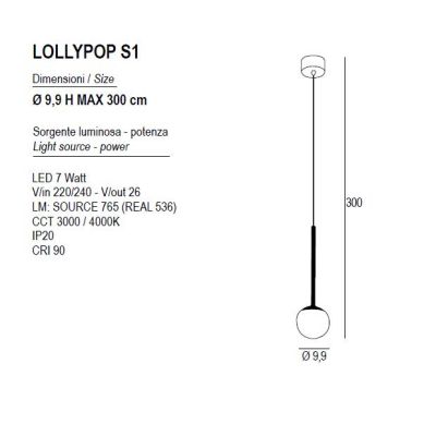 LOLLYPOP SOSPENSIONE SINGOLA LED 7W CCT 3000K-4000K IN METALLO 3 COLORI DIFFUSORE A SFERA D10 CM MODERNA