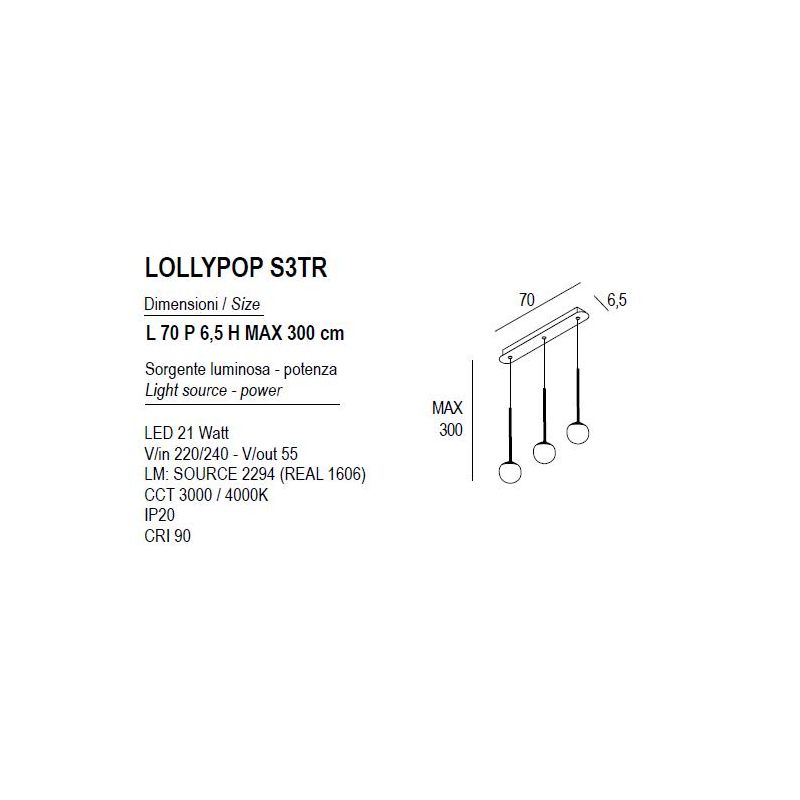 LOLLYPOP SOSPENSIONE 3 LUCI LED 21W CCT 3000K-4000K RETTANGOLARE IN METALLO 3 COLORI MODERNA L70 CM