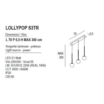 LOLLYPOP SOSPENSIONE 3 LUCI LED 21W CCT 3000K-4000K RETTANGOLARE IN METALLO 3 COLORI MODERNA L70 CM