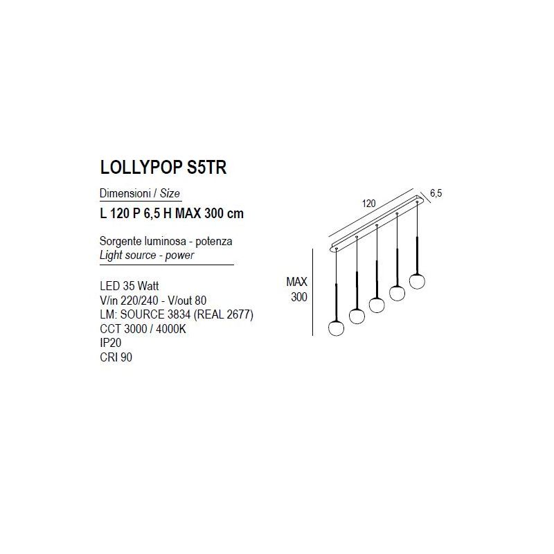 LOLLYPOP SOSPENSIONE 5 LUCI LED 35W CCT 3000K-4000K RETTANGOLARE IN METALLO 3 COLORI MODERNA L120 CM