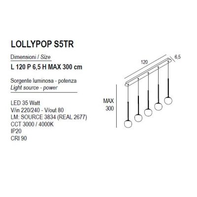 LOLLYPOP SOSPENSIONE 5 LUCI LED 35W CCT 3000K-4000K RETTANGOLARE IN METALLO 3 COLORI MODERNA L120 CM